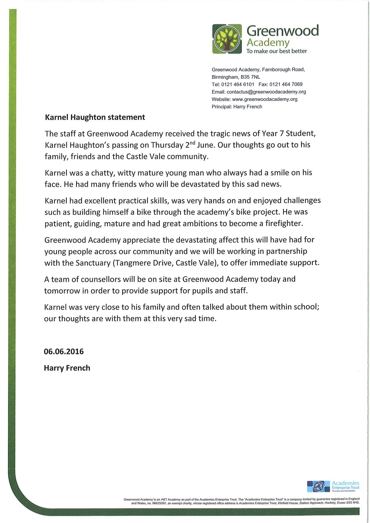 Karnel Haughton school statement