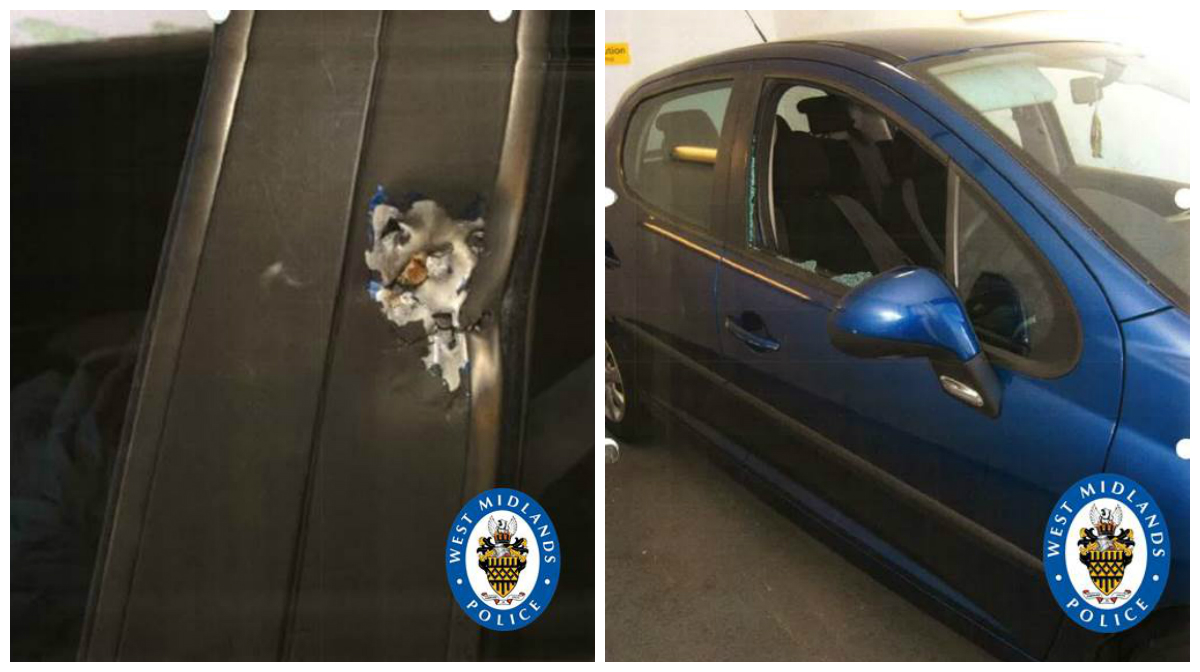 Photos show damage to the dark blue Peugeot 207