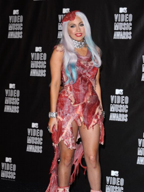 Lady Gaga wearing her infamous meat dress.