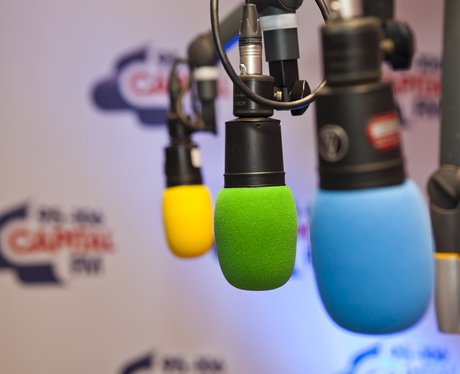 Microphones in the Capital FM studio at the O2 Arena