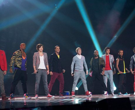 One Direction and JLS on stage at The X Factor live final in 2011
