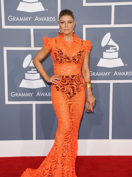 Fergie on the red carpet at Grammy Awards 2012 in see-through dress