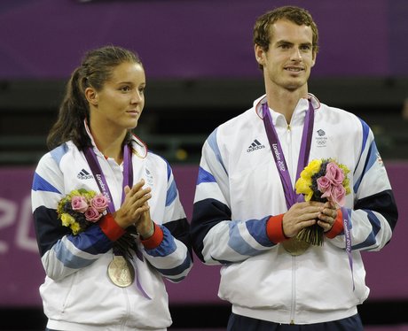 Andy Murray and Laura Robson celebrate their Olympic medals.