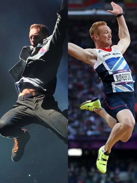 Chris Martin and Greg Rutherford jumping.