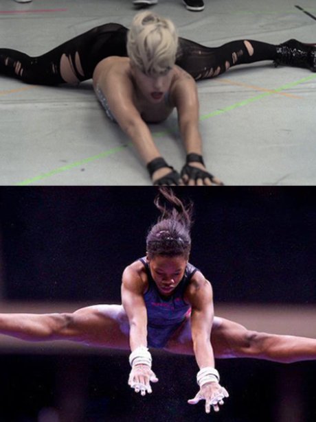 Lady Gaga and Gabby Douglas doing gymnastics.