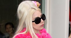 Lady Gaga wearing a pink fur coat in New York