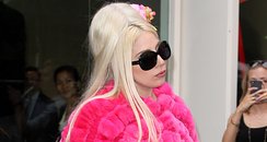 Lady Gaga wearing a pink fur coat in New York