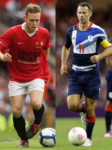 Olly Murs and Ryan Giggs playing football.