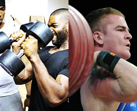 Tinie Tempah and Peter Kirkbride weight-lifting.