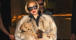 Lady Gaga wears a fur coat while carrying her dog