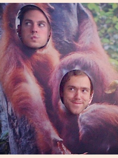 Lawson pose inside a comical Orangutan cut-out.