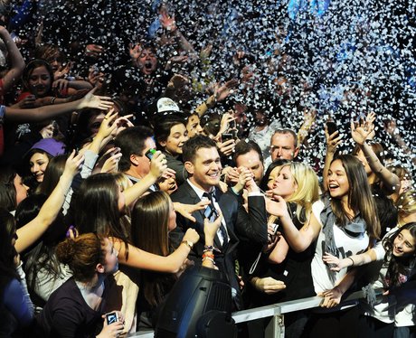 Michael Buble celebrates with fans