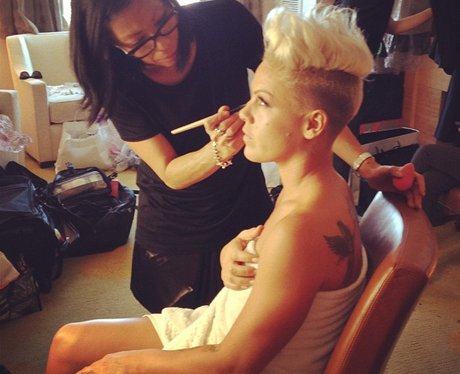 Pink has make-up done for MTV VMAs.