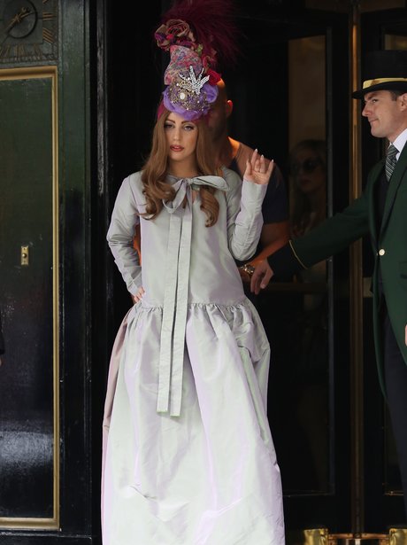 Lady Gaga wearing head dress in London.