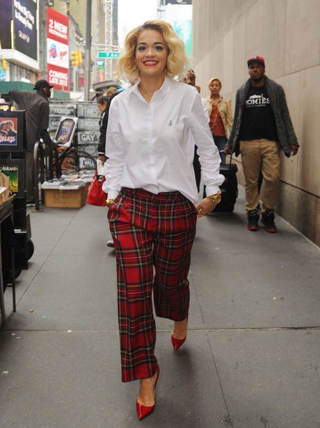 Rita Ora wearing tartan trousers in New york