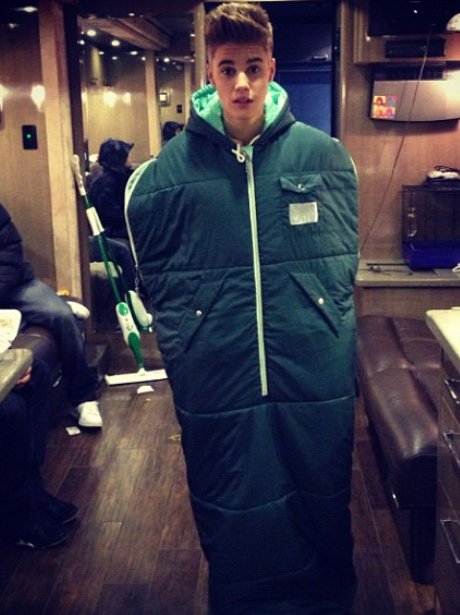 Justin Bieber in a sleeping bag