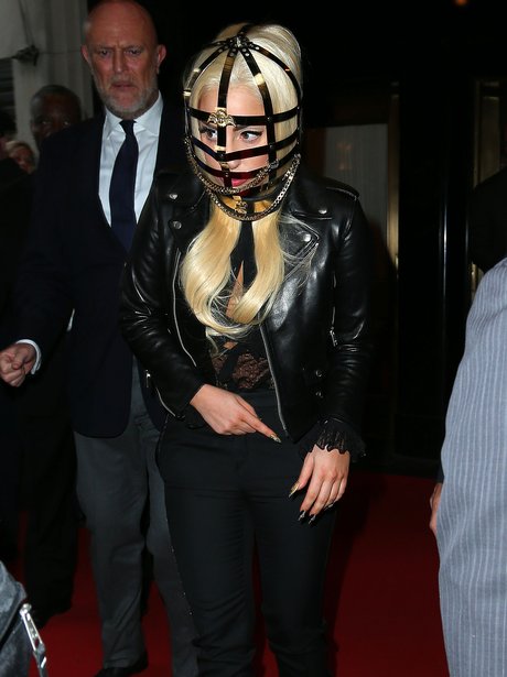Lady Gaga wearing a cage mask