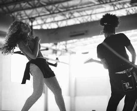 Beyonce rehearsing for her Super Bowl performance