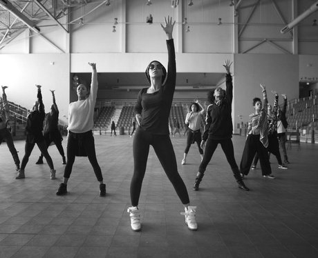 Beyonce rehearsing for her Super Bowl performance
