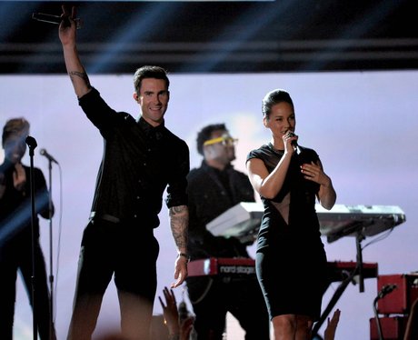 Adam Levine of Maroon 5 and Alicia Keys perform at 