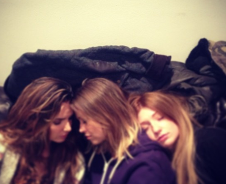 Girls Aloud napping while rehearsing on tour