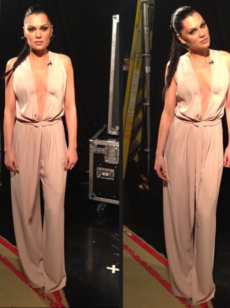 Jessie J wearing a low cut jumpsuit