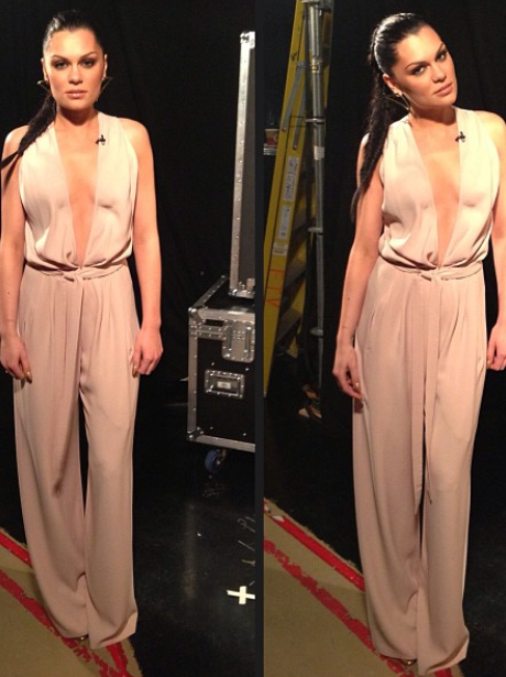 Jessie J wearing a low cut jumpsuit