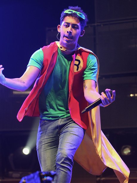 Jordan 'Rizzle' Stephens of Rizzle Kicks wearing Robin costume