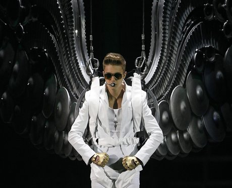 Justin Bieber descends from the rafters in Manchester