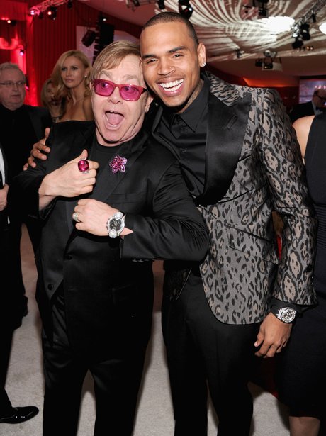 Chris Brown and Elton John at a post-Oscars 2013 party