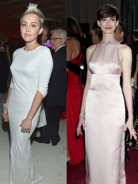 Miley Cyrus and Anne Hathaway at the OScars 2013