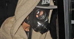 Justin Bieber wearing a gas mask