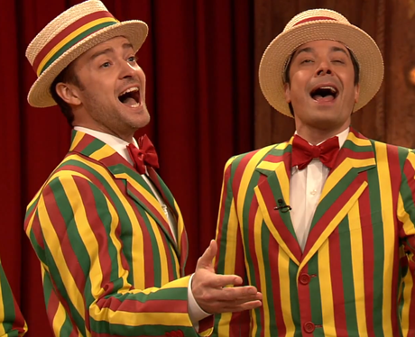 Justin Timberlake performs with a barbershop quartet
