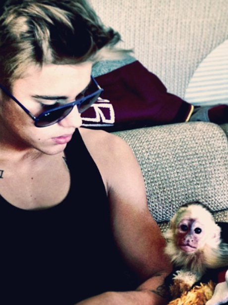 Justin Bieber with his pet monkey