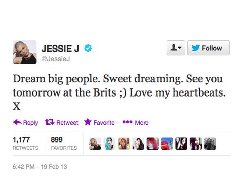 Jessie J urges fans to follow their dreams on Twitter