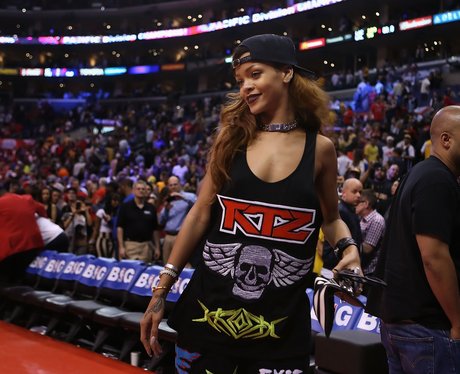 Rihanna attends a basketball game in LA