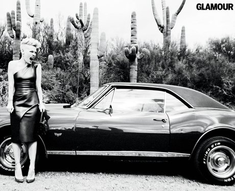 Pink standing next to a car in black and white picture