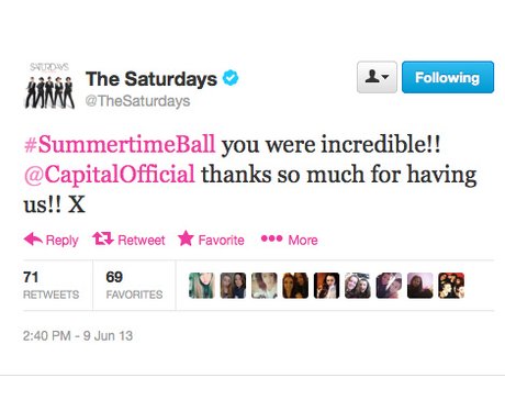 The Saturdays tweet about Capital FM Summertime Ball 2013