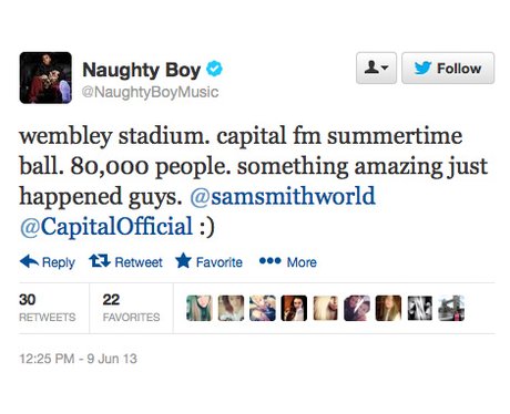 Naughty Boy tweets about Capital FM Summertime Ball 2013