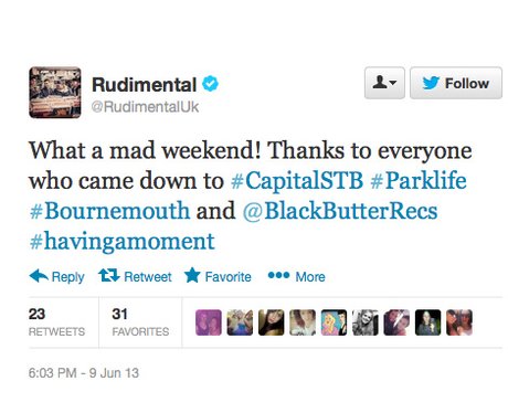 Rudimental tweet about Capital FM Summertime Ball 2013
