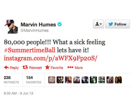 Marvin Humes tweets about Capital FM Summertime Ball 2013