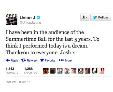 Union J's Josh Cuthbert tweets about Capital FM Summertime Ball 2013