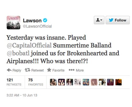 Lawson tweet about Capital FM Summertime Ball 2013