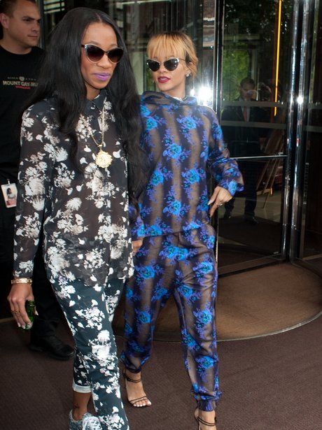 Rihannna wearing a flowery outfit