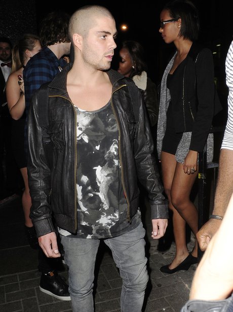 Max George wearing a leather jacket on a night out