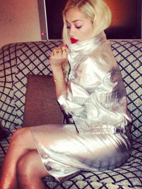 Rita Ora wearing a silver dress