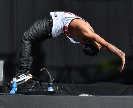 Aston doing a back flip on stage