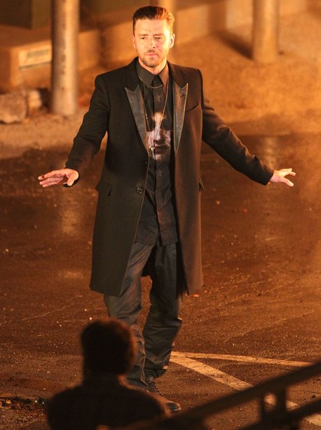 Justin Timberlake filming new video wearing animal printed black shirt