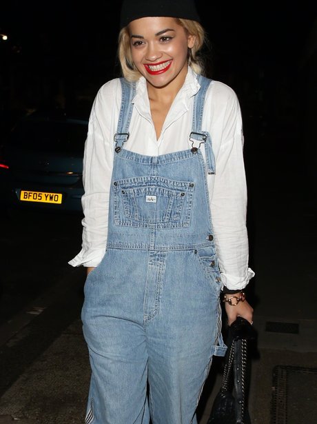 Rita Ora wearing dungareese