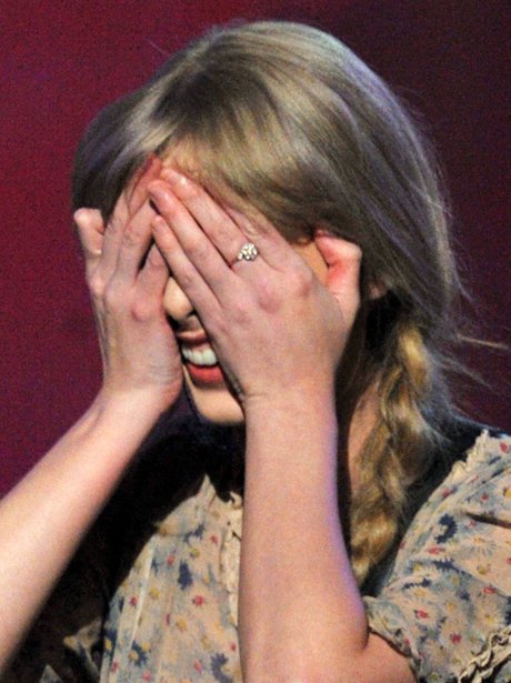 Taylor Swift covering her eyes